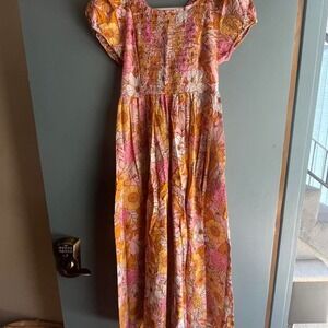 Kachel Floral Cotton Midi Dress Size M Pink Orange Smocked Puff Sleeve